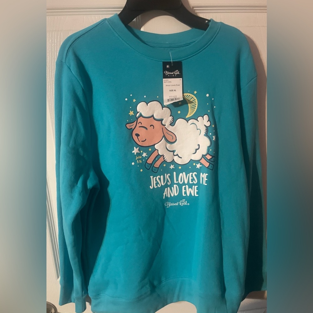Blessed Girl‎ Kids “Jesus Loves Me & Ewe” Sweatshirt XL Teal Sheep Graphic NWT